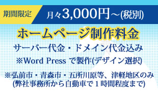 月々3,000円---税別||サーバー代金・ドメイン代金込み・※Word Press で製作・デザイン選択・※弘前市・青森市・五所川原等、津軽地区のみ・弊社事務所から自動車で１時間程度まで